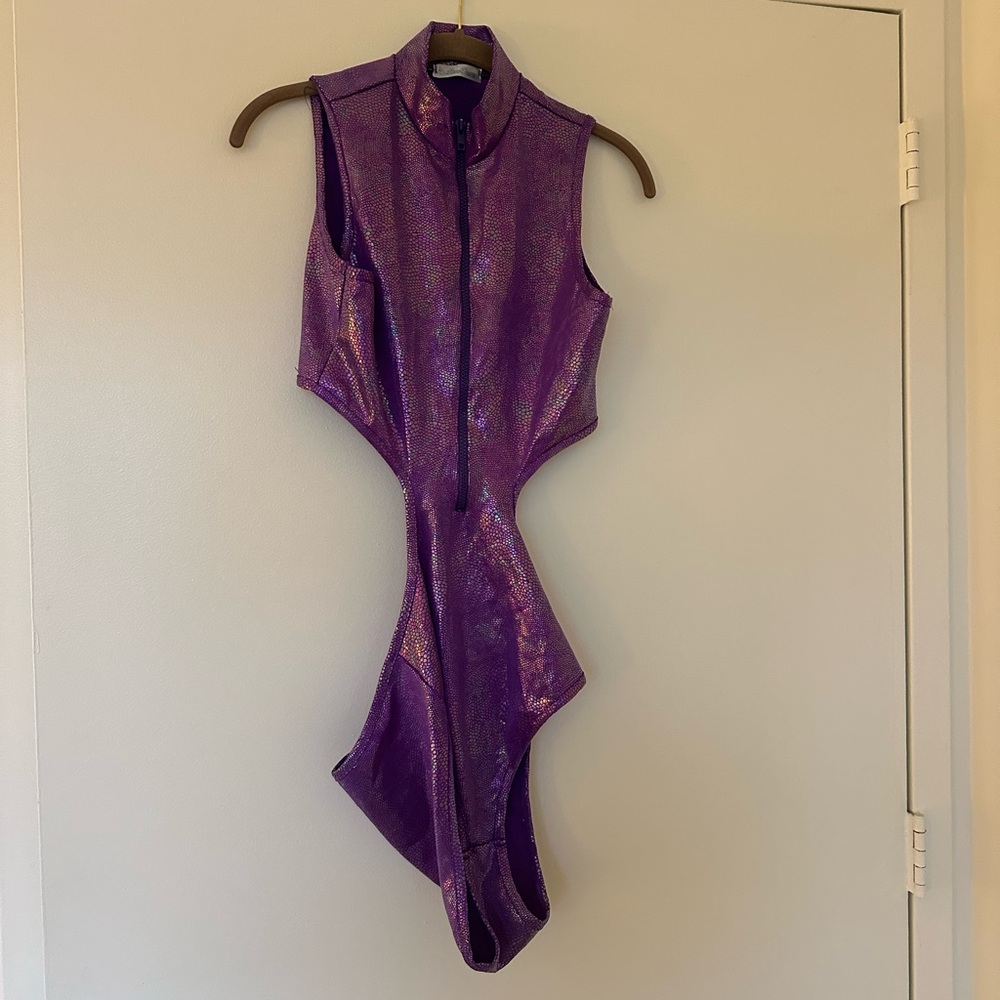 Purple Shimmer Sleeveless Bodysuit for Festivals, Raves, EDM